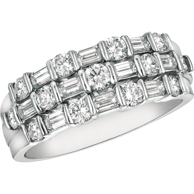 Platinum Gemlok Baguette and Round Diamond 3 Row Ring