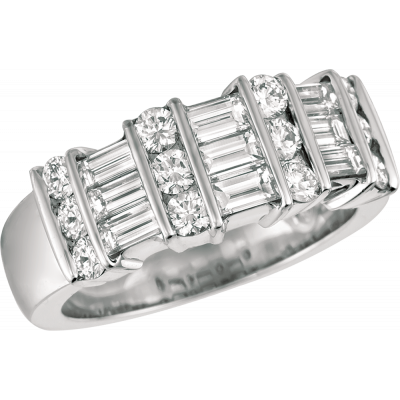 Platinum Gemlok 3 Row Baguette and Round Diamond Ring