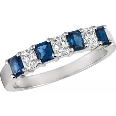 Platinum Prong Set Radiant Diamond and Radiant Sapphire 7 Stone Ring
