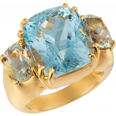 18kt Yellow Gold Bold Ring with Aquamarine and Green Amythyst