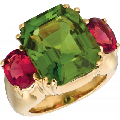 18kt Yellow Gold Bold Ring with Peridot and Rubelite