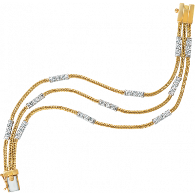 18kt Yellow Gold and Platinum Gemlok Foxtail 3 Row Diamond Accent Bracelet
