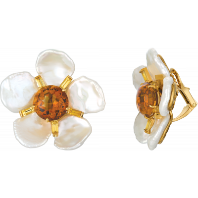18kt Yellow Gold Keshi Pearl Flower Earring with Citrine center