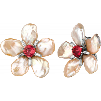 18kt White Gold Keshi Pearl with Pink Tourmaline center Flower Earring