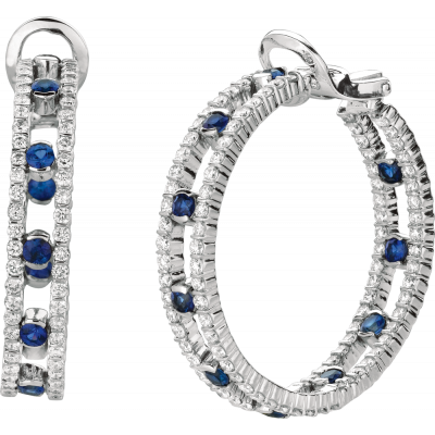 18kt White Gold Minilok 2 Row Dot Diamond and Sapphire Hoops
