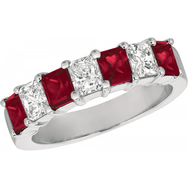 Platinum Prong Set Radiant Diamond and Radiant Ruby 7 Stone Ring