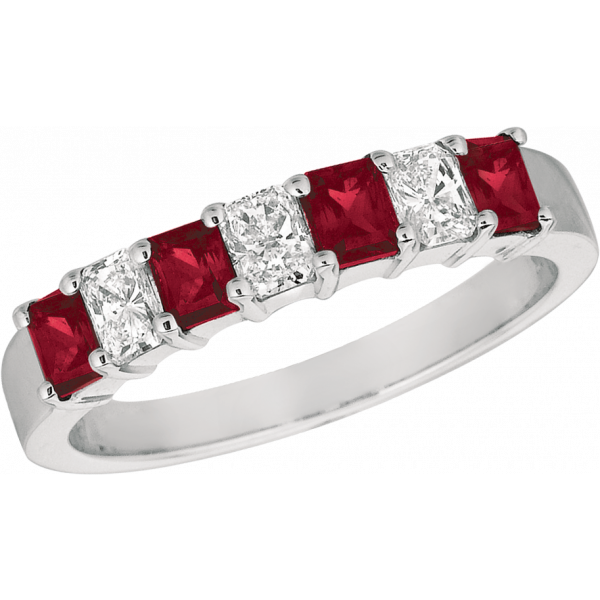 Platinum Prong Set Radiant Diamond and Radiant Ruby 7 Stone Ring