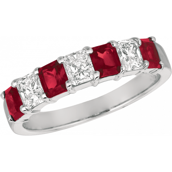 Platinum Prong Set Radiant Diamond and Radiant Ruby 7 Stone Ring
