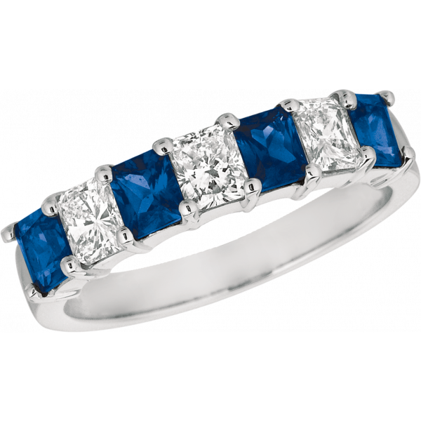 Platinum Prong Set Radiant Diamond and Radiant Sapphire 7 Stone Ring