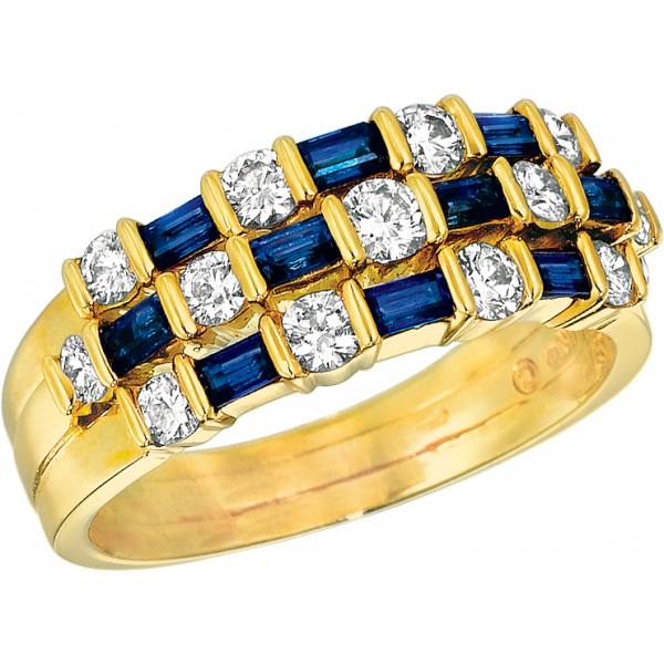 18kt Yellow Gold Gemlok 3 Row Baguette and Round Diamond and Sapphire Ring