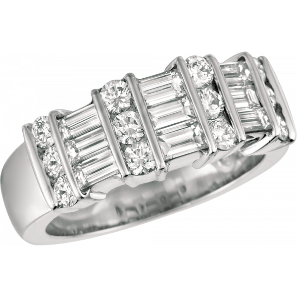 Platinum Gemlok 3 Row Baguette and Round Diamond Ring