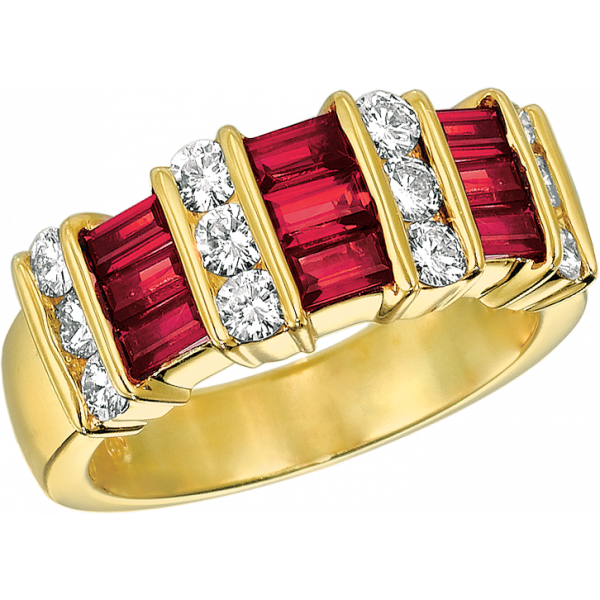 18kt Yellow Gold Gemlok 3 Row Baguette and Round Diamond and Ruby Ring