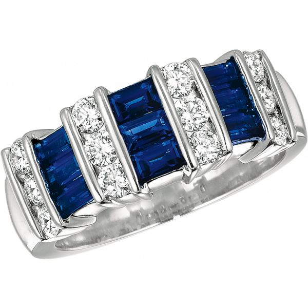 Platinum Gemlok 3 Row Baguette and Round Diamond and Sapphire Ring