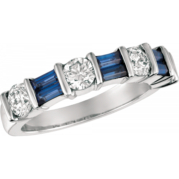 Platinum Gemlok Baguette and Round Diamond and Sapphire Ring