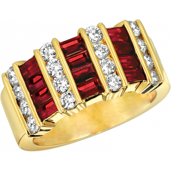 18kt Yellow Gold Gemlok 4 Row Diamond and Baguette Ruby Ring
