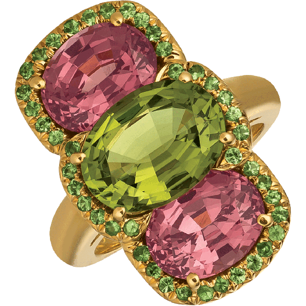 18kt Yellow Gold Green Tourmaline and Lindi Garnet Bold Ring