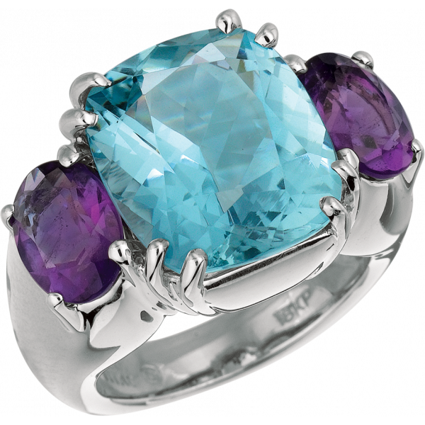 18kt White Gold Bold Ring with Blue Topaz and Amythyst