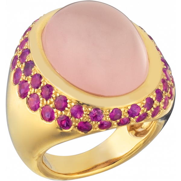 18kt Yellow Gold Bold Cabachon Ring with Rose Quartz and Pink Sapphire
