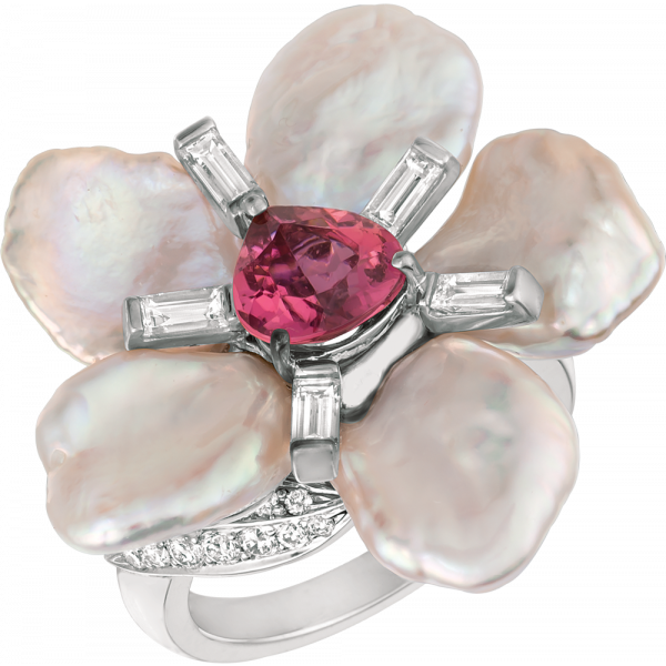 18kt White Gold and Keshi Pearl and Pink Tourmaline Flower Ring