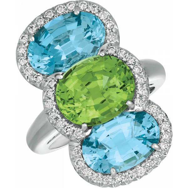 18kt White Gold Bold Oval Ring in Aquamarine and Peridot