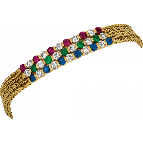 18kt Yellow Gold 3 Row Gemlok Diamond ,Ruby, Spphire and Emerald Bracelet