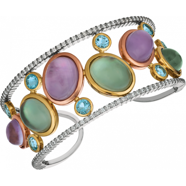 18kt White, Yellow and Rose Gold Diamond and Green and Purple Amythyst Cabochon Winsome Bangle