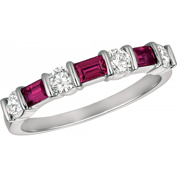 18kt Yellow Gold Gemlok Baguette and Round Diamond and Ruby 7 Stone Ring