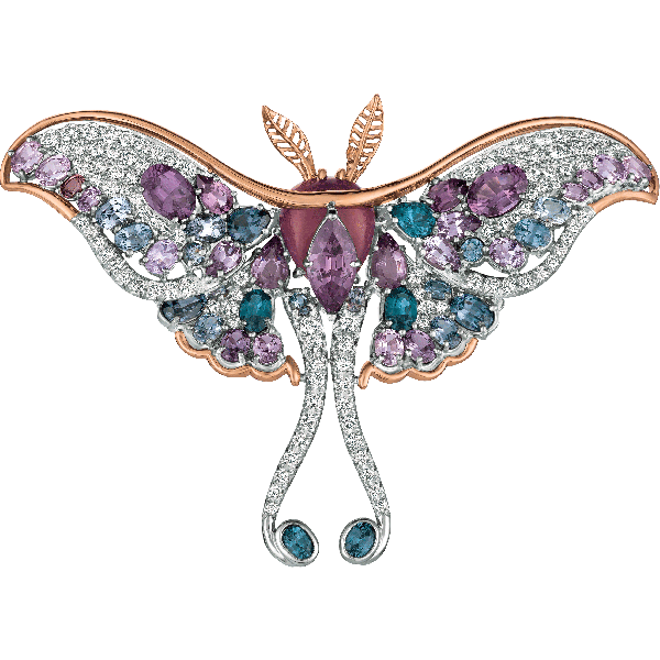 18kt White and Rose Gold Diamond and Purple Spinel Luna Moth
