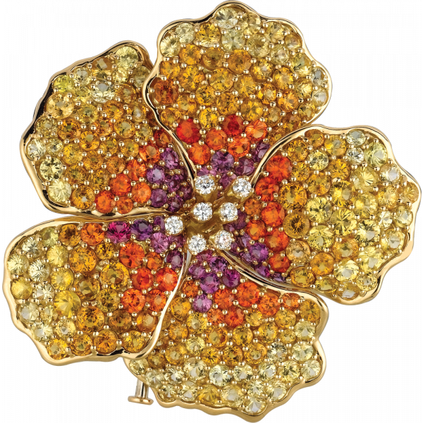18kt Yellow Gold Wine Sapphire and Mandarin Garnet and Yellow Sapphire Hibiscus Pin