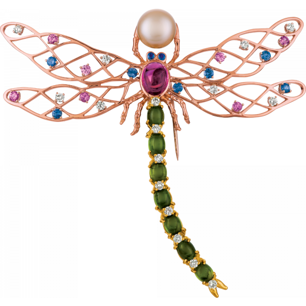 18kt Yellow and Rose Gold Colored Stone and Pearl Dragonfly Pin