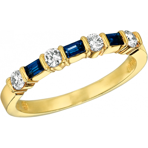 18kt Yellow Gold Gemlok Baguette and Round Diamond and Sapphire 7 Stone Ring