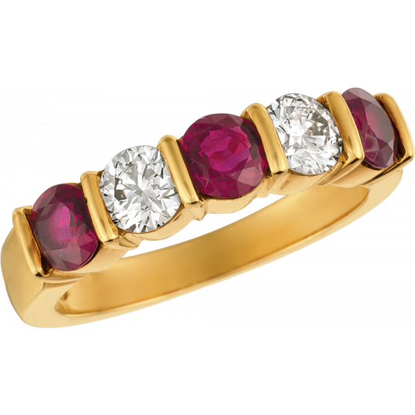 18kt Yellow Gold Gemlok 5 Stone Diamond and Ruby Ring