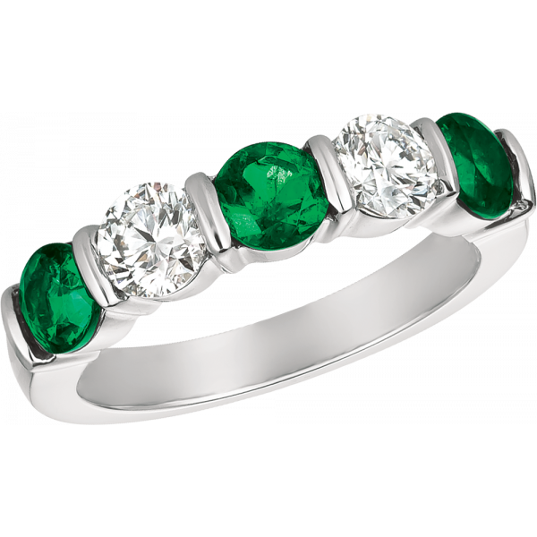 Platinum Gemlok 5 Stone Diamond and Emerald Ring