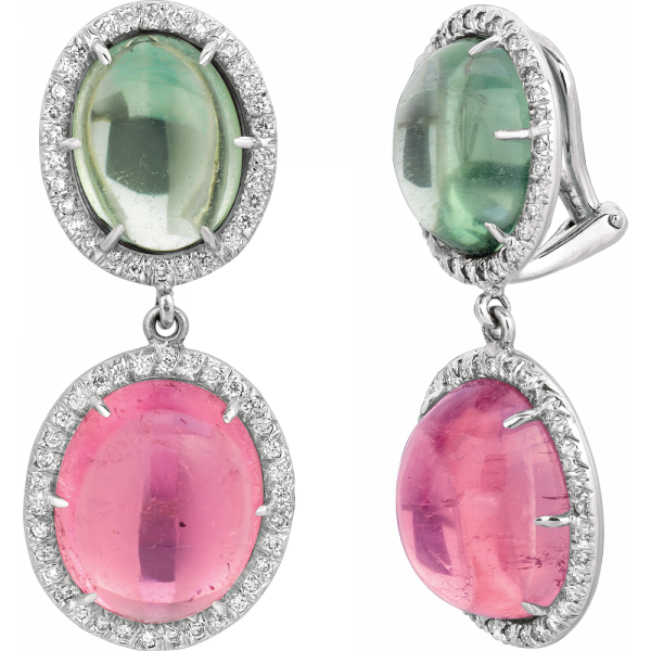 18kt White Gold Pink and Green Tourmaline Cabachon Drop Earrings