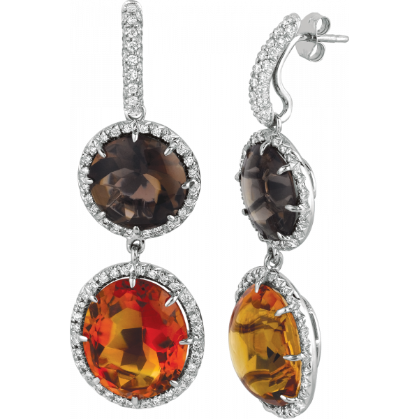 18kt White Gold Pave Diamond Drop Earring with Detachable Smoky Topaz and Citrine Drop