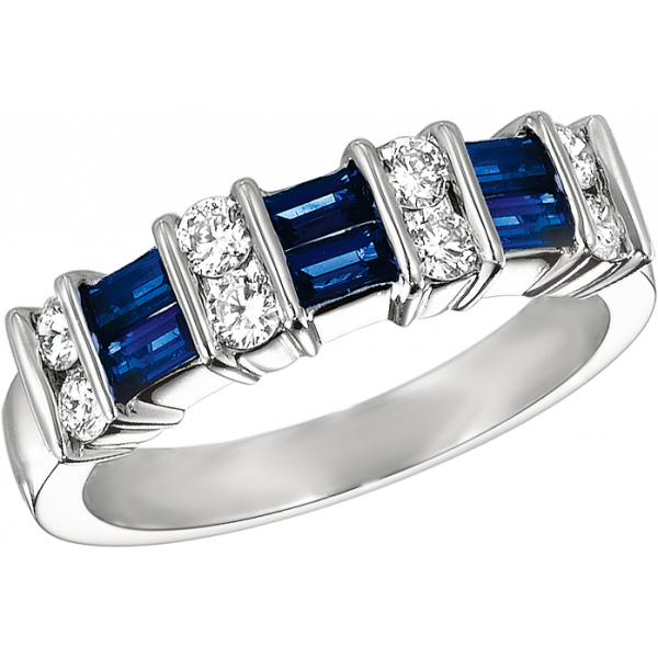 Platinum Gemlok 2 Row Baguette and Round Diamond and Sapphire Ring